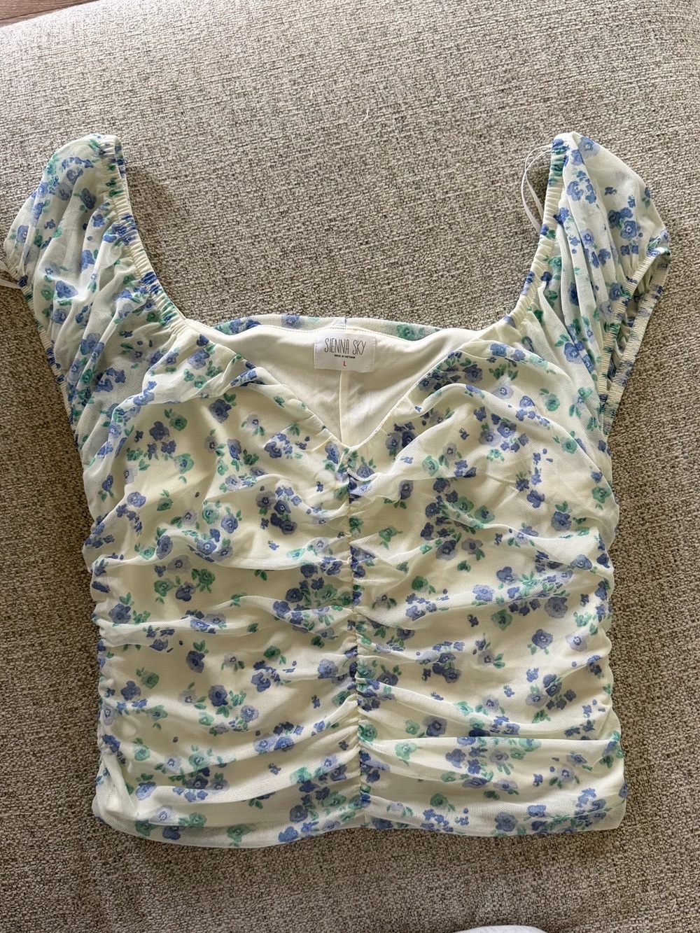 Sienna Sky Cream Floral Ruched Puff-Sleeve Crop Top
